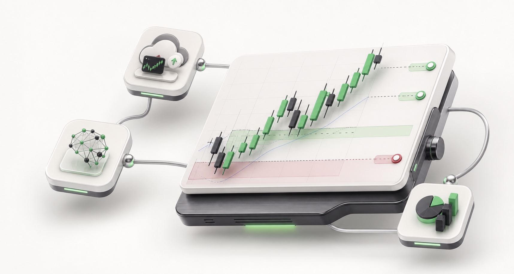 3D trading chart with candlesticks, price zones, analysis modules, and risk controls